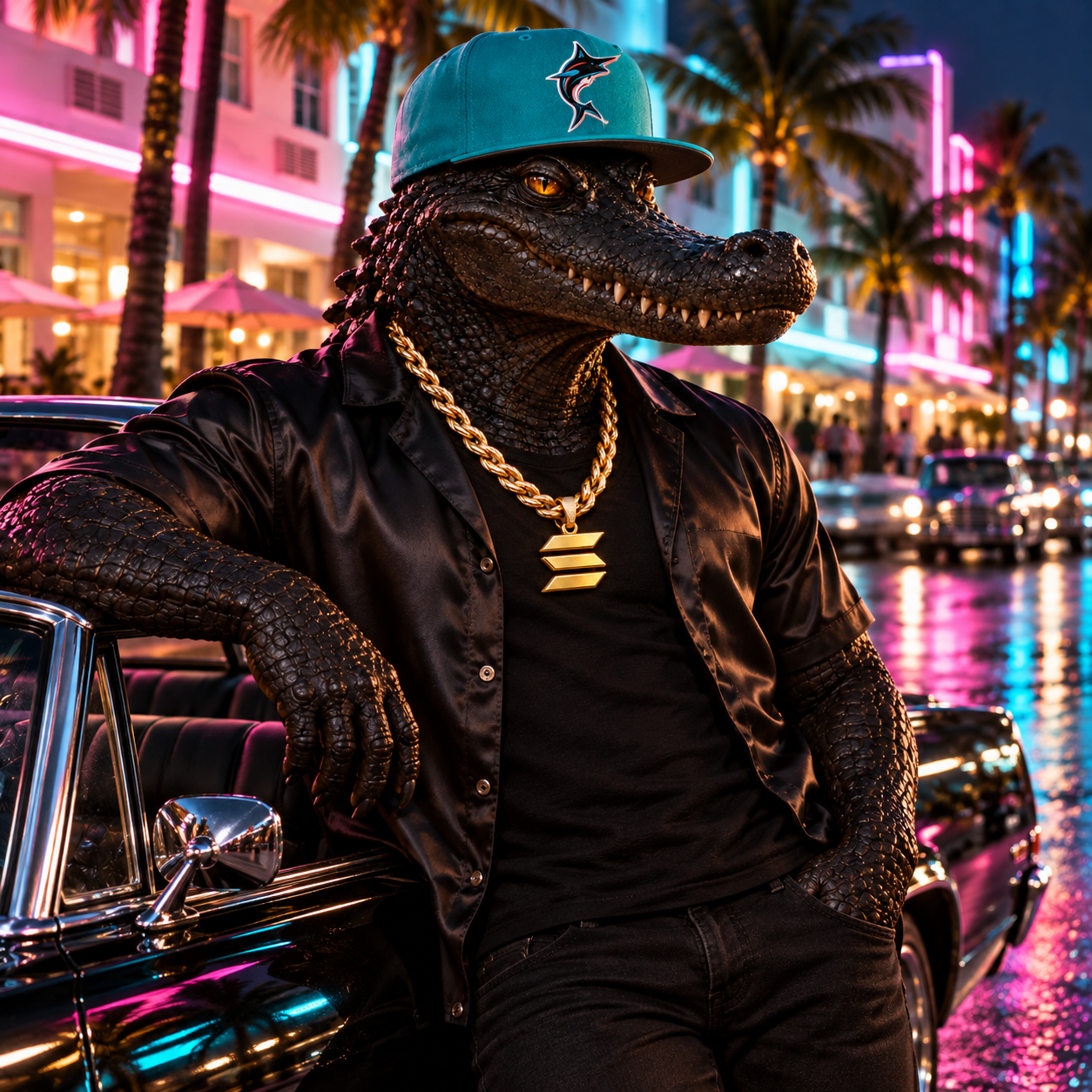 Teal cap and black satin shirt on Ocean Drive