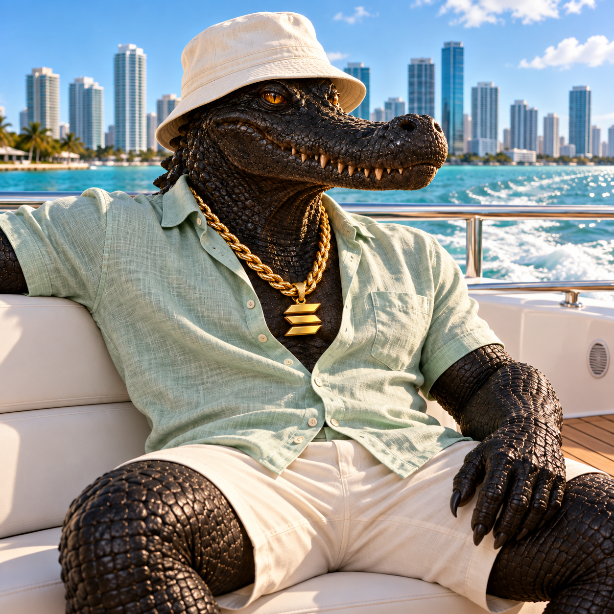 Cream bucket hat and linen shirt aboard a yacht