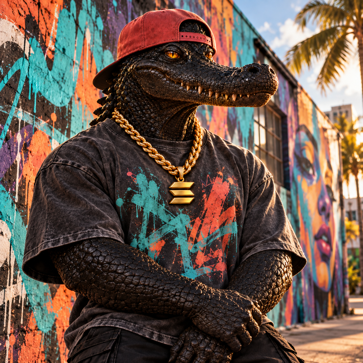 Backward coral snapback and graphic tee in Wynwood
