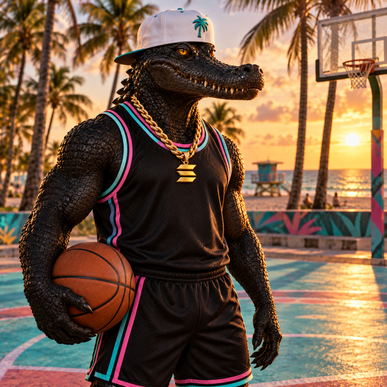 White cap and Miami-colored basketball jersey at the beach court
