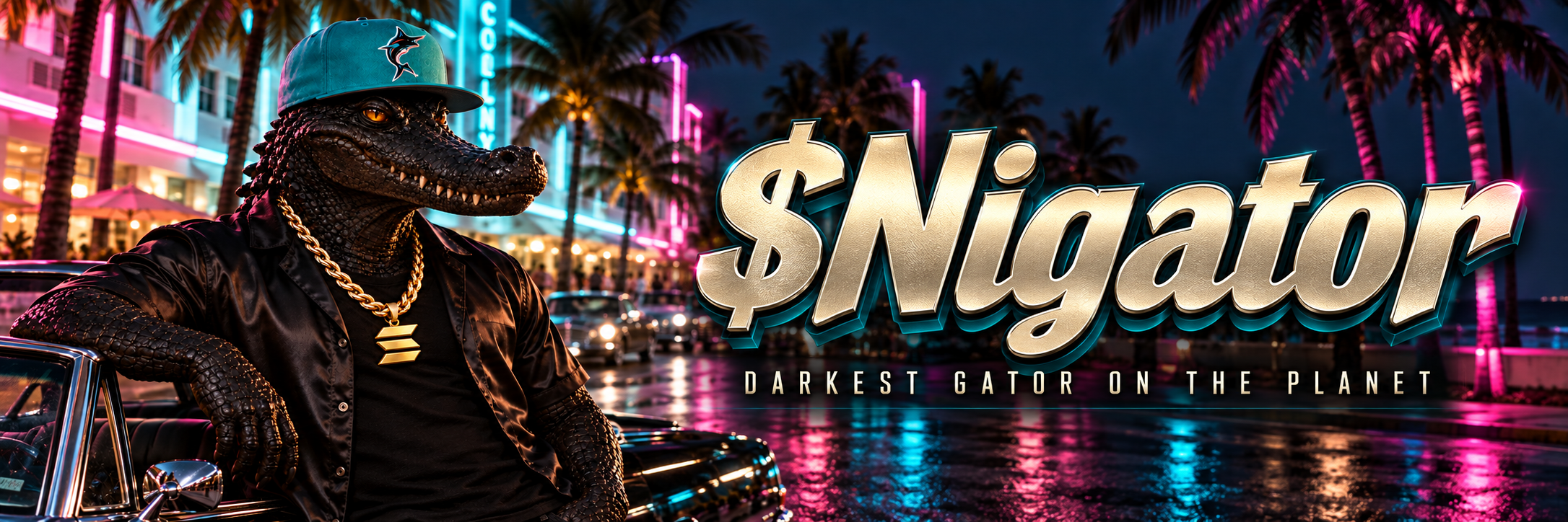 $Nigator in a teal cap beside a convertible on neon-lit Ocean Drive. Darkest gator on the planet.